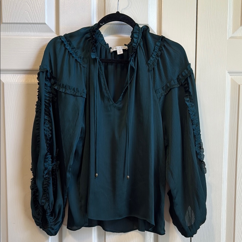 Chelsea & Violet Green Puff Sleeve Blouse with Bib Collar